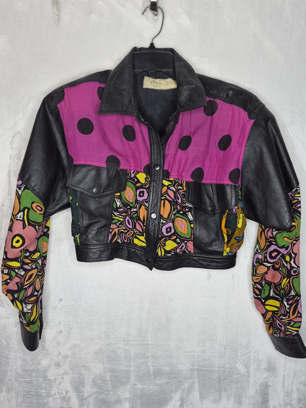 Vintage 80s Black Leather Patchwork Jacket Pink Polka Dot Abstract Large